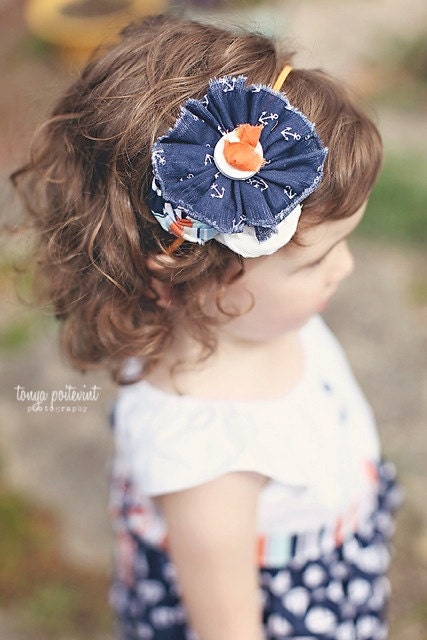 Maritime- orange and navy nautical inspired rosette and ruffle headband