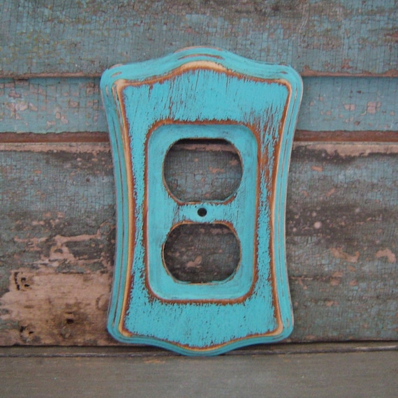 Outlet Cover Plate Turquoise Distressed Wooden