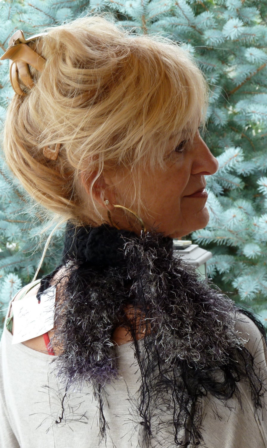 Black Scarf Gray Crochet Winter Woman