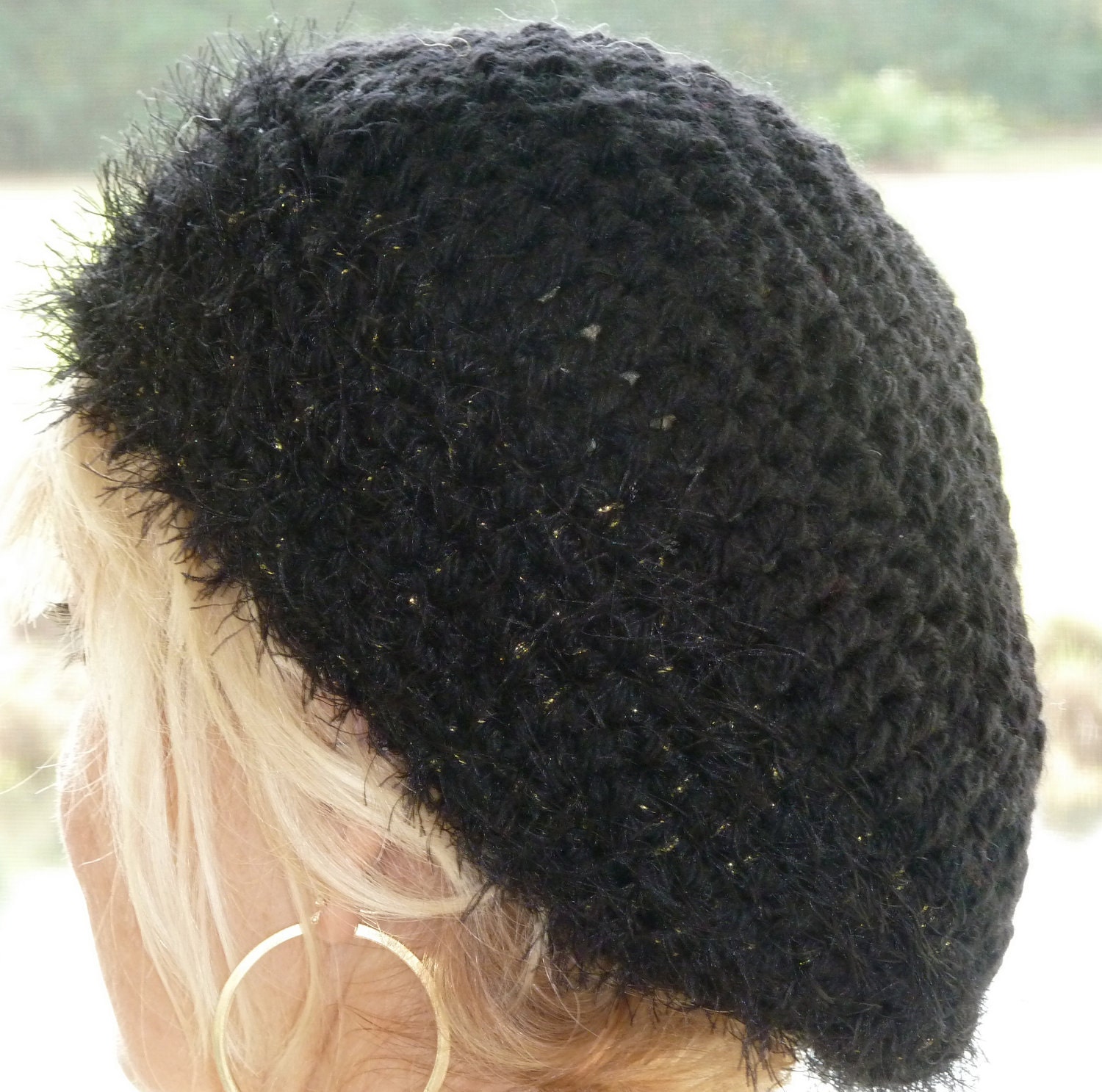 Hat Black Woman Winter Gold Crochet