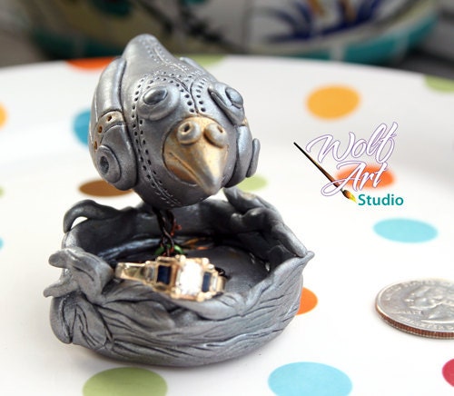 Polymer Clay Steampunk Bird with Nest Ring Holder