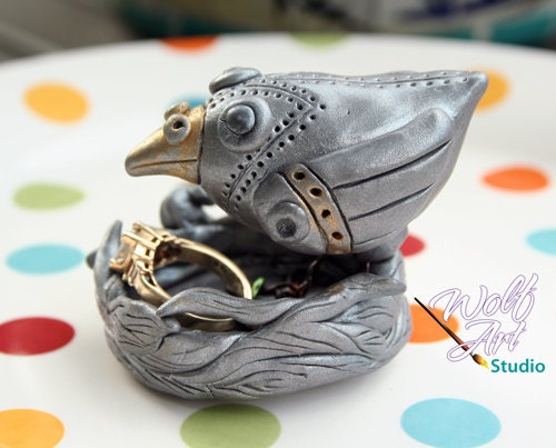 Polymer Clay Steampunk Bird with Nest Ring Holder