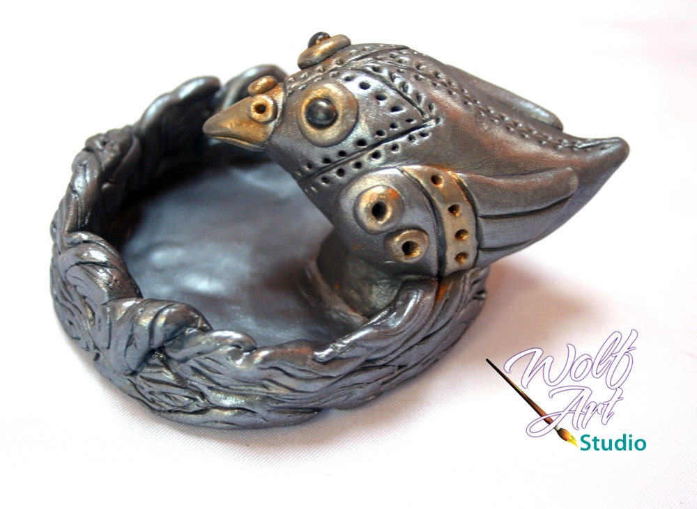 Polymer Clay Steampunk Bird with Nest Ring Holder