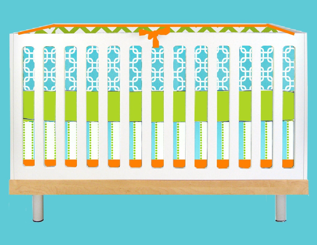 Modern Baby Aqua, Lime, and Orange Lines (Modern Custom Crib Set)