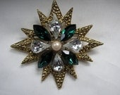 Renaissance Style Gold, Green and White Sunburst Brooch