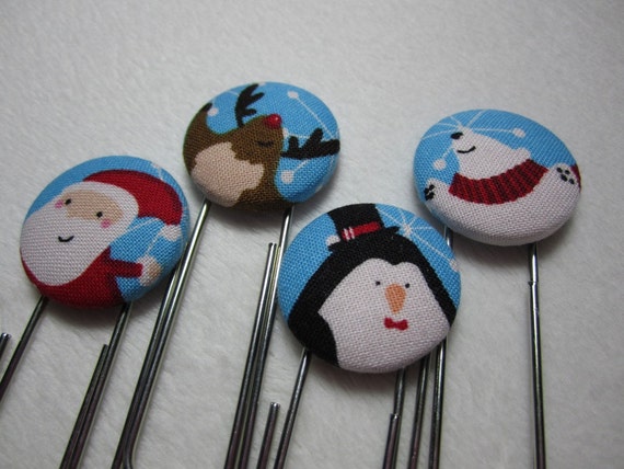 Christmas Bookmarks - Stocking Stuffers - Santa - Reindeer - Penguin - Polar Bear - Fabric Cover Button Book Marks