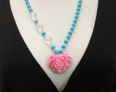 Pink Rose Cabochon Necklace with Bright Blue Beads and Vintage Chandelier Crystals