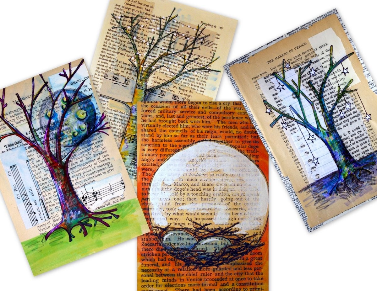 winter trees and nest prints- 4 trees set of prints --- 4x6 --- nest, tree, spring, moon and stars ---