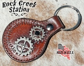 Steampunk, Cog Wheels, Leather Key Ring Fob with Black Crystal and Gear Concho, Handmade