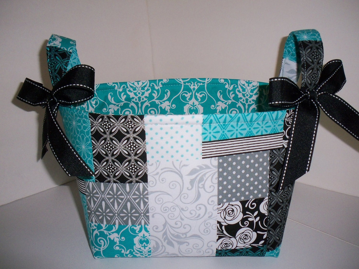 Aqua Black Grey White Patchwork Damask Fabric Organizer Bin / Basket