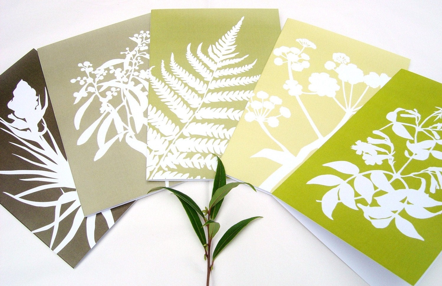 Botanical Cards Papercut Greetings Cards (A5) - Set of Five in Green and Brown Nature Silhouette Leaf Designs