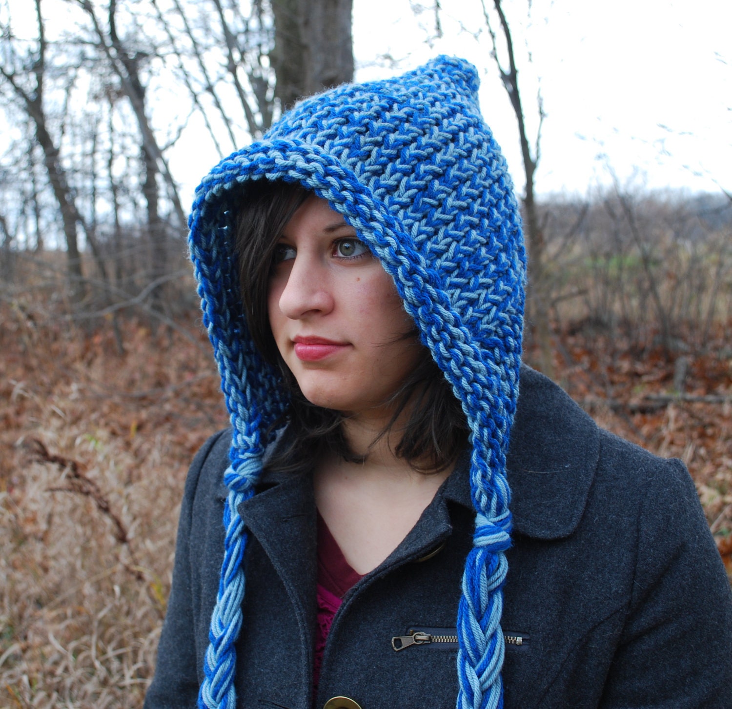 Pixie Elf Hooded Hat Knitted In Blue and Ocean Sky by Grandmabeehive