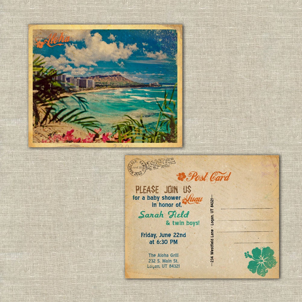 25 retro postcards, hawaiian luau invitations postcards, hawaiian, wedding rehearsal dinner, bridal shower, baby shower