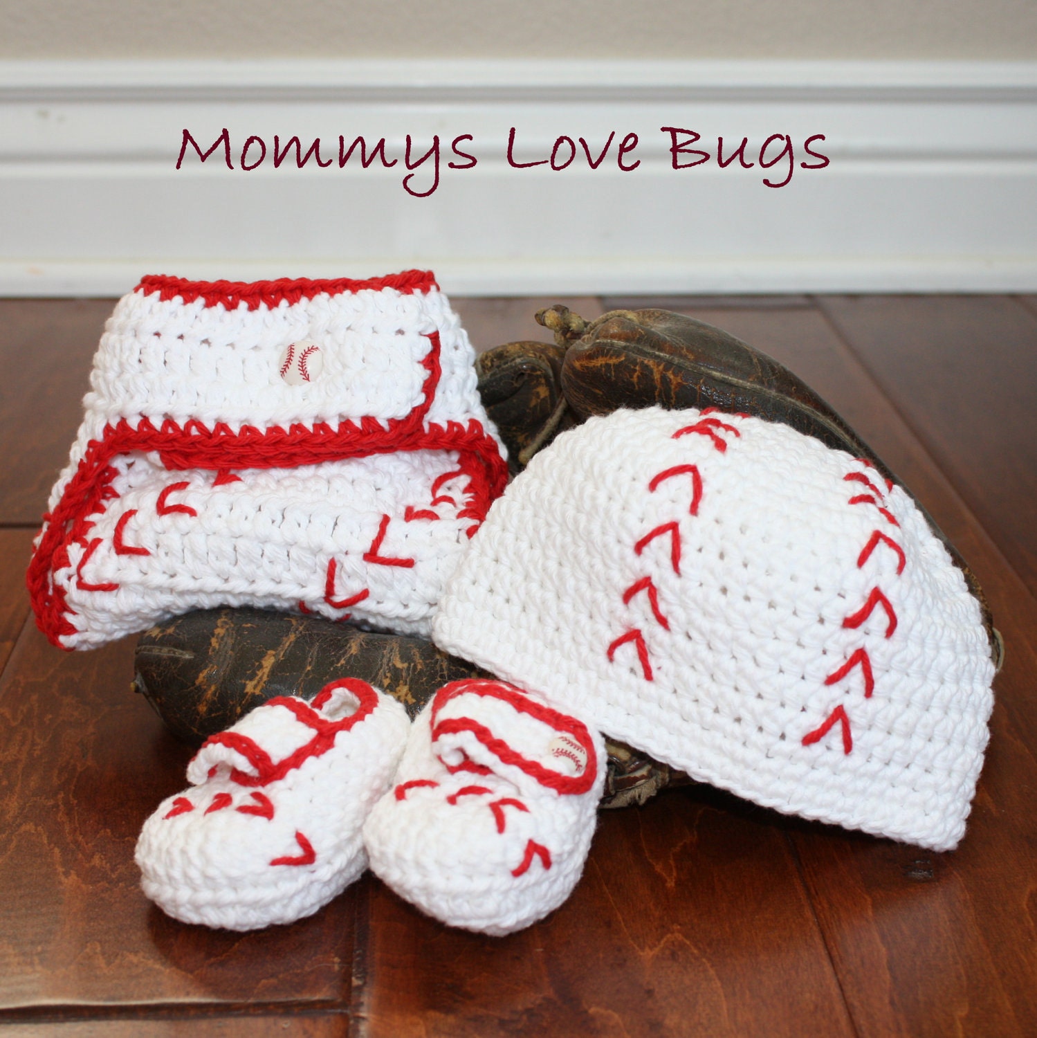 Play Ball Crochet Baseball Beanie, Booties, and Diaper Cover Set - Newborn through 12 month Sizes Available