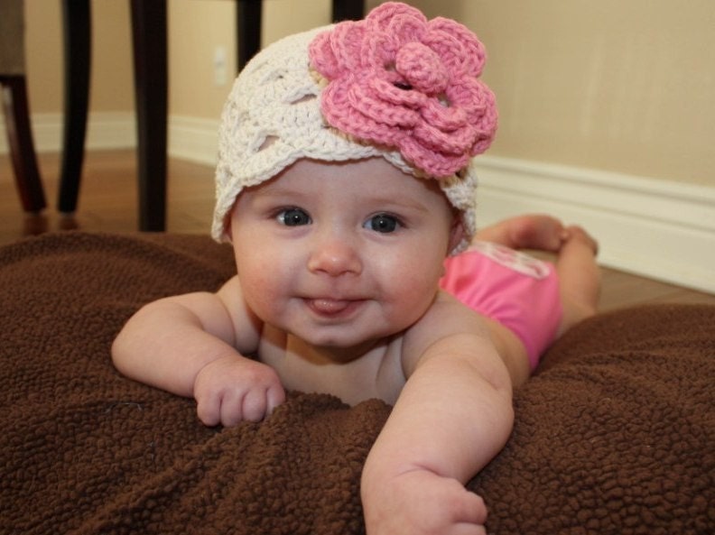 2 in 1 Beautiful Hand Crochet Beanie with Large Removable Clip Flower - Choose your own colors and Size - Newborn through 4T