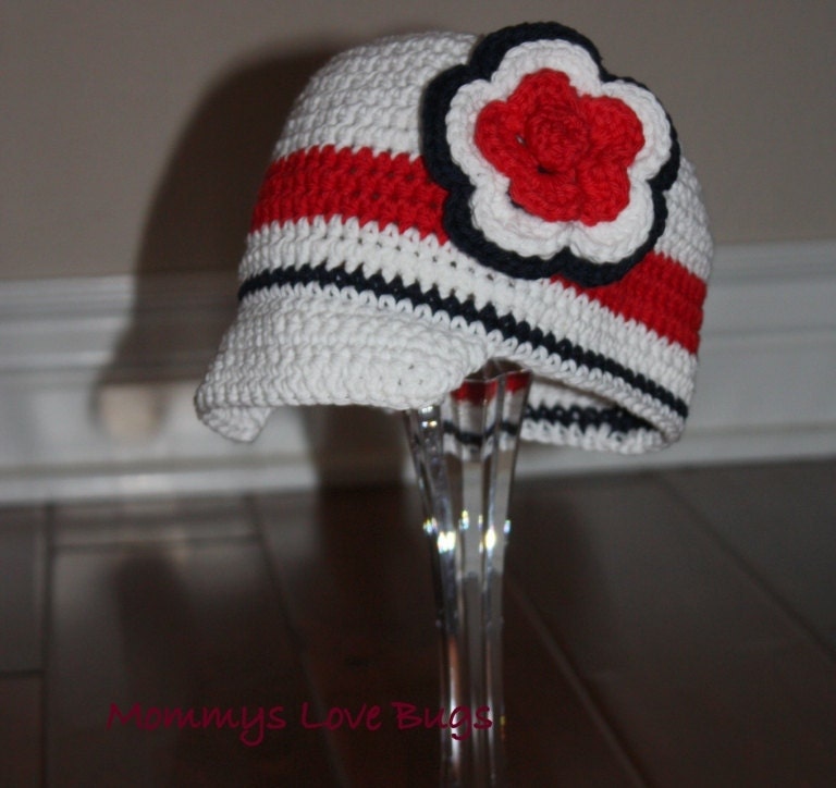 Red White and Blue Crochet Brim Hat with Removable Flower Hair Clip - Newborn through 4T Sizes Avail