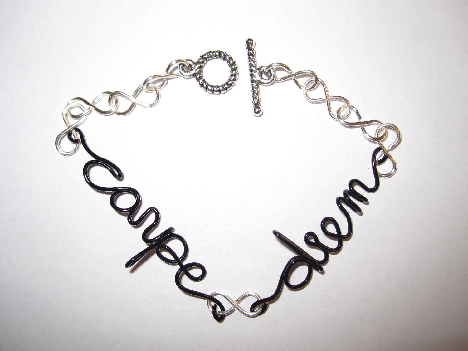 Carpe Diem Bracelet Black Copper Wire Silver Plated Infinity Delicate