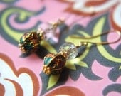 Earrings cloisonne honeysuckle, gold, green, Czech fire polished glass cathedral gold plated
