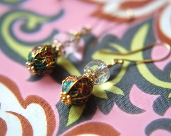 Earrings cloisonne honeysuckle, gold, green, Czech fire polished glass cathedral gold plated