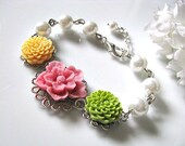 Vintage Flower Cabochon Bracelet With White Glass Pearls - Flower Girl Bracelet, Bridesmaid Bracelet, Little Girls Flower Bracelet