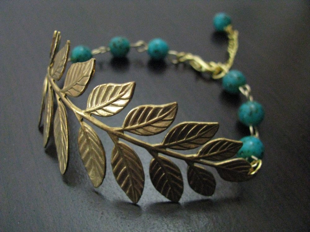Brass Botanical Branch with Blue Ziron Brown Speckled Czech Glass Bracelet