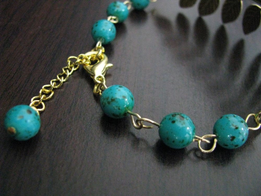 Brass Botanical Branch with Blue Ziron Brown Speckled Czech Glass Bracelet
