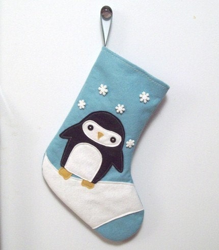 Retro Cute Penguin Snowflake Christmas Stocking Aqua Blue