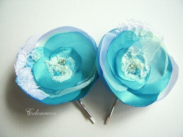 Turquoise Hair Flowers Bridal Turquoise Hair Pins Blue Bobby Pins Turquoise Hair Clips Pearls Rhinestones White French Lace - Set of 2