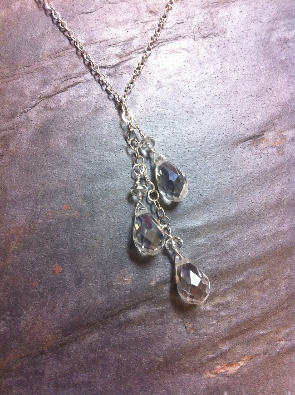 Clear Crystal and Silver Bridal Jewelry Briolette Necklace and Earring Set Halter Sweetheart Swarovski Y Necklace Teardrop Cluster, YES