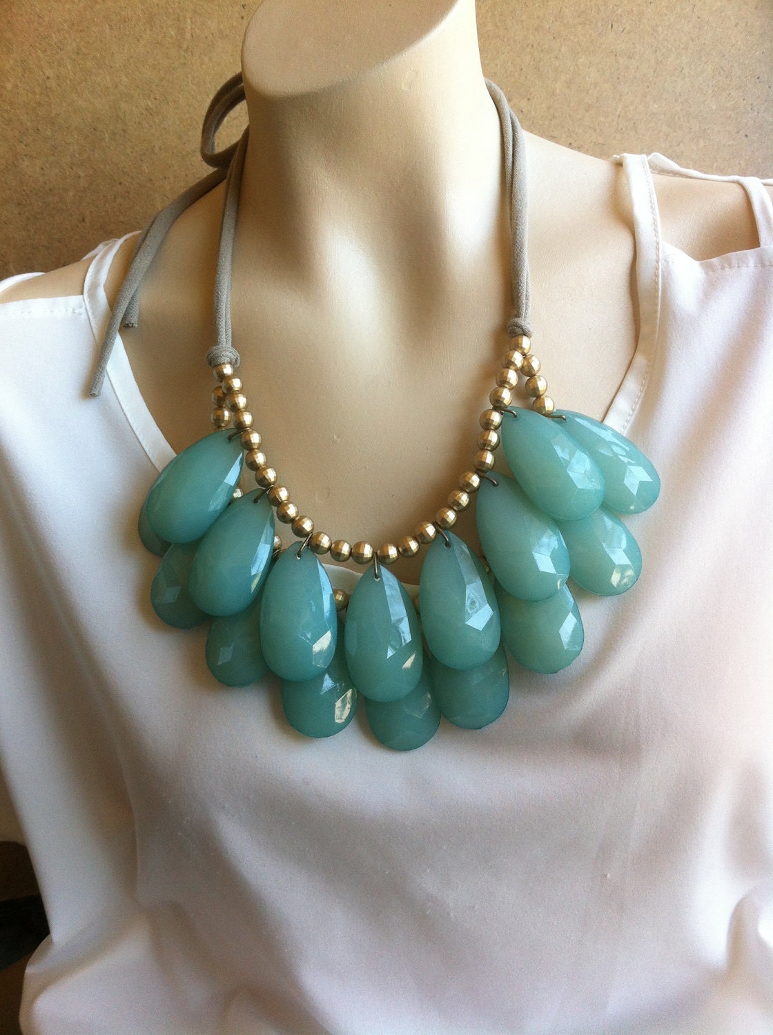 HUGE Double Strand Briolette Bib Statement Necklace Marine Sea foam Teal, Anthropologie Stormy Seas Summer Infatuation