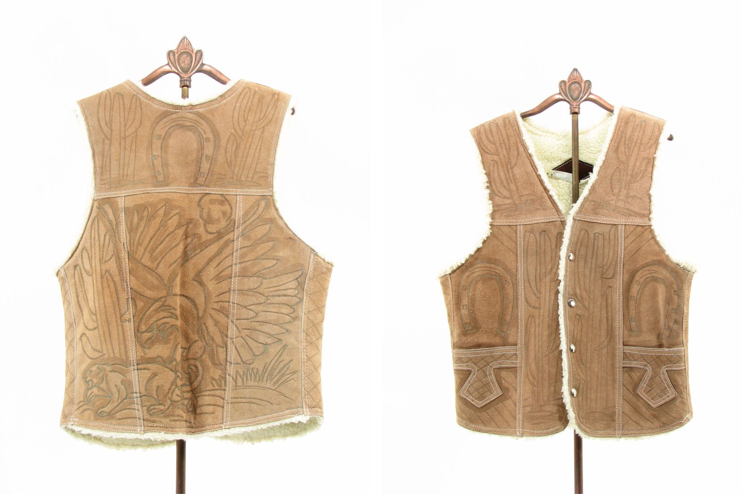 Mens 70s Brown Beige Western Cowboy Tooled Leather Snap Button Vest Medium