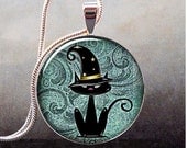 Black Cat Magic pendant, Halloween necklace resin pendant, cat jewelry, Halloween jewelry