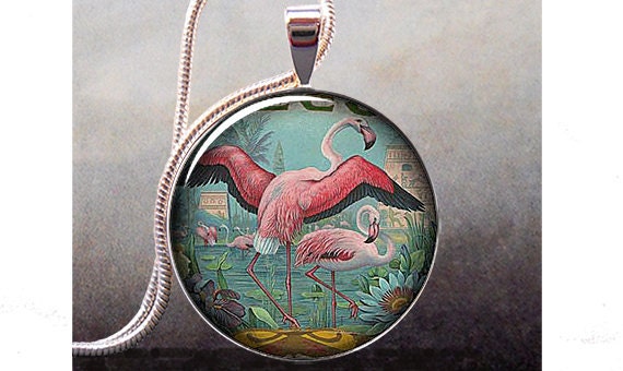 Flamingos in Paradise art pendant, Flamingo necklace resin pendant, Flamingo jewelry