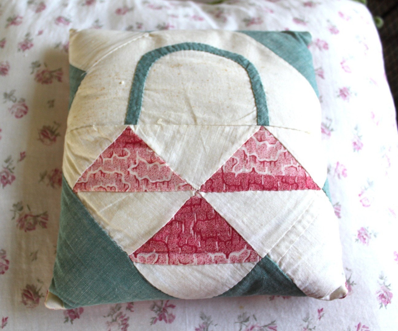 Decorative Pillow, Vintage Quilt Basket Pillow, Pink, Green, Spring Decor, Nursery Decor, Easter