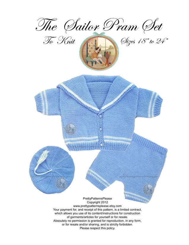 Vintage Digital Knitting Pattern - Baby Sailor Suit Pram Set - PDF Email Delivery - PrettyPatternsplease