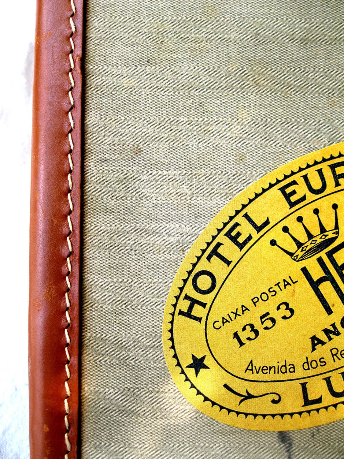 Vintage Luggage 1930s Leather and Herringbone Travel Stickers from Tessiemay