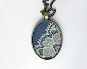 White Vintage Lace Fashion Blue Necklace, Recycled Fabric, Slate Blue Jewelry, Floral Jewelry, Lace Necklace