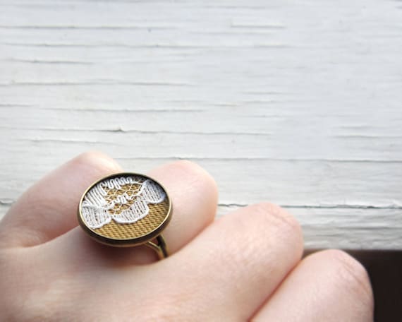 Floral Lace Ring, Mustard Yellow Fabric Jewelry, White Vintage Lace Fashion, Brass, Adjustable