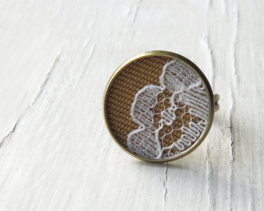 Floral Lace Ring, Mustard Yellow Fabric Jewelry, White Vintage Lace Fashion, Brass, Adjustable