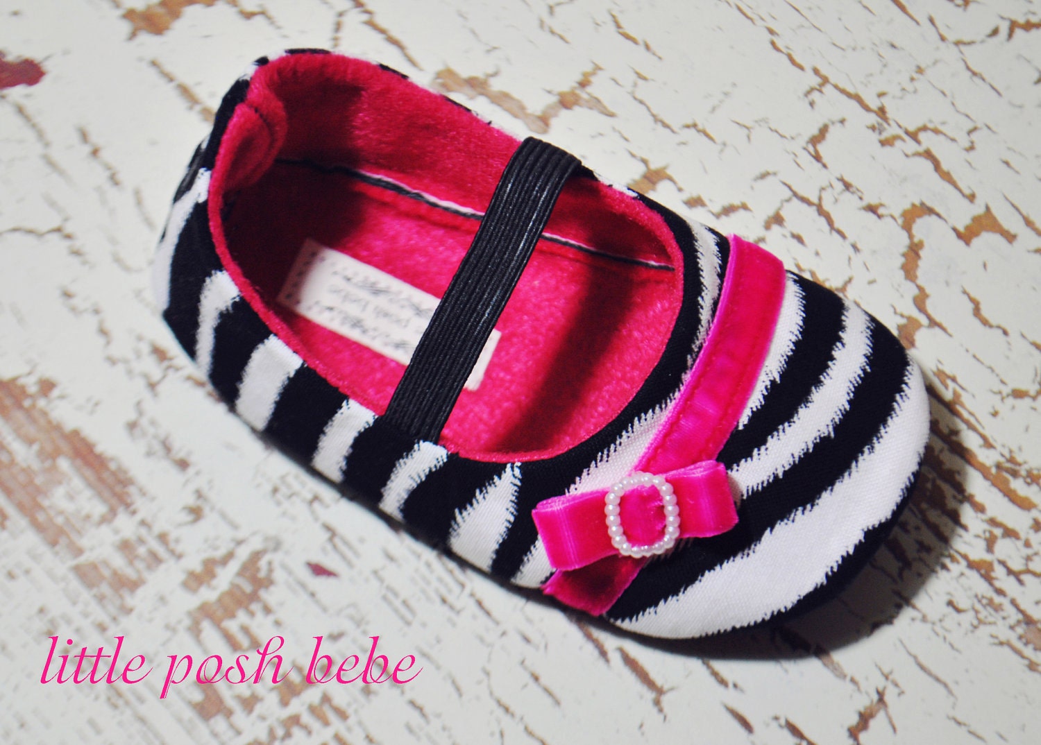 Baby Shoes Kristy Zebra Print, Hot Pink velvet ribbon (Size 1-4)