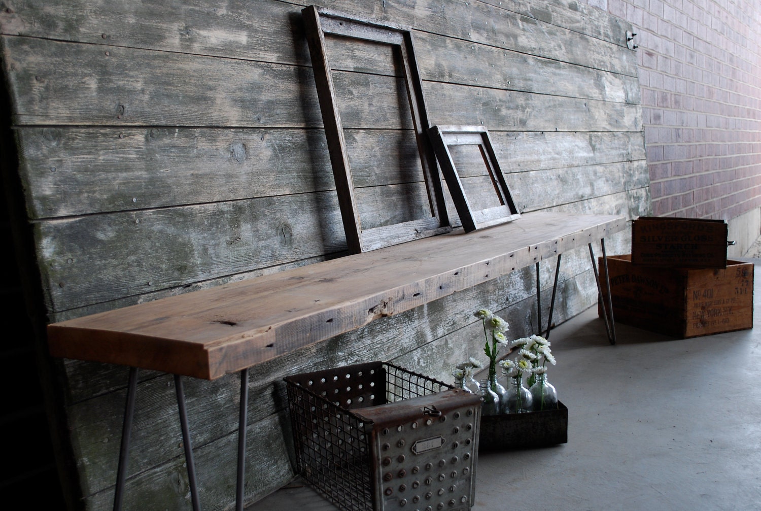 Industrial Reclaimed Wood bench (1.65" Standard top) w/ Hairpin legs, Ships Fast and Free, (3ft x 11.5" w x 18"h)