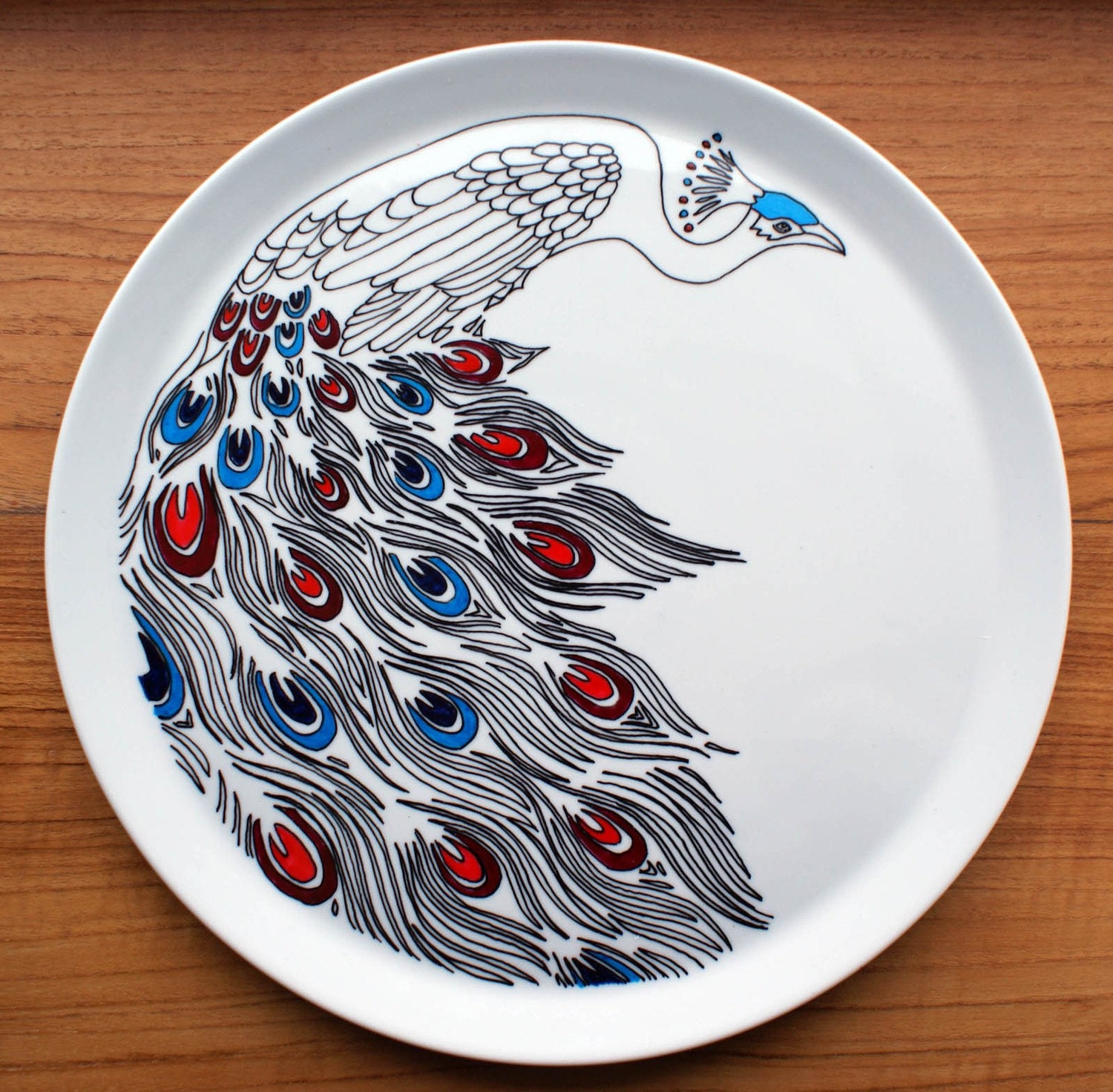 Hand Drawn Serving Plate - Peacock