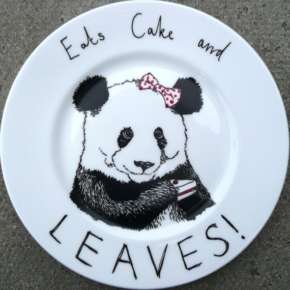 Hand Drawn Panda Plate - Eats Cake and Leaves