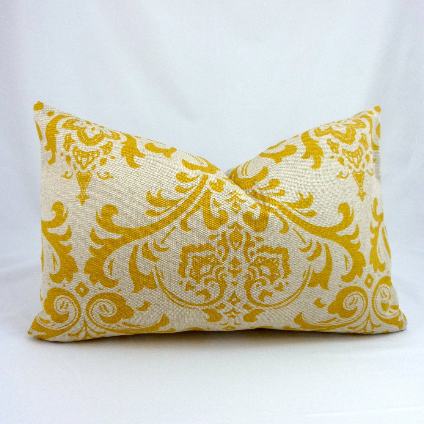 Designer Lumbar Pillow Cover in Traditions Corn Yellow - 12x18 inch (Mustard Yellow Damask on Natural Linen)