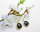 Ready to Ship - Black Onyx Faceted Glass Drop Earrings in 22K Gold