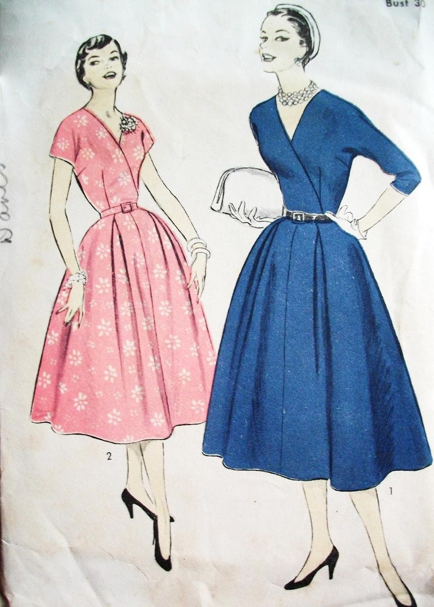 1950s Advance Sewing Pattern 6974 V Neckline Surplice Bodice Dress Size 12, Bust 30