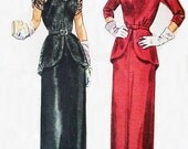 1940s Simplicity 3035 38 Bust 41 Hip Plus Size Day or Evening Dress, Slim Peplum, Shawl Collar, New Look