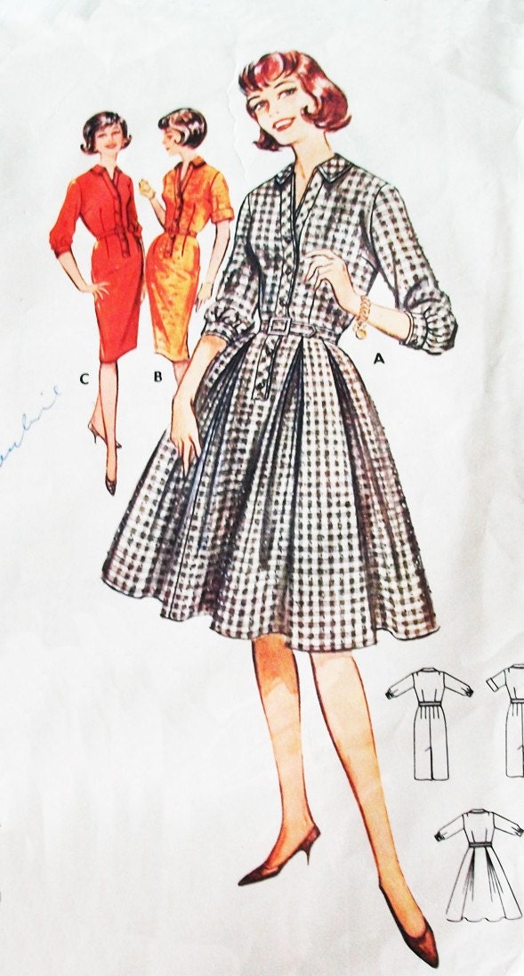 1960s Butterick 9859 Bust 34 Size 14 Shirtdress Sewing Pattern Dress Full Cluster Pleated or Slim Skirt Petite Short