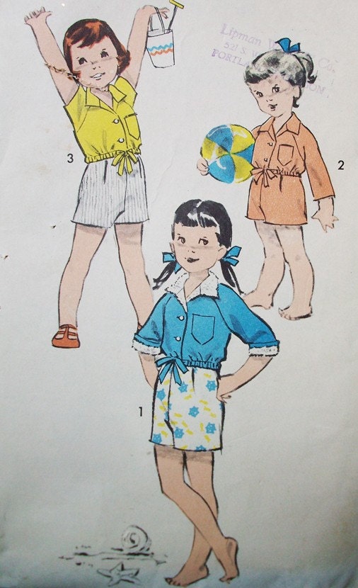 1950s Advance 8964 Sewing Pattern Breast 20 Size 1 Years Childs Toddlers Drawstring Jacket and Shorts Beachwear Baby Clothing