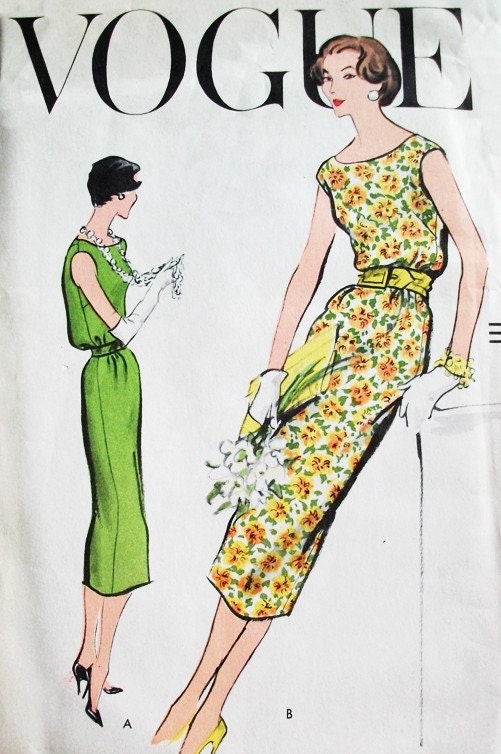 1950s Vogue 9196 Sewing Pattern Bust 36 Size 16 Beautiful Dramatic Deep V Plunging Back Wiggle Dress Sleeveless Belted UNCUT